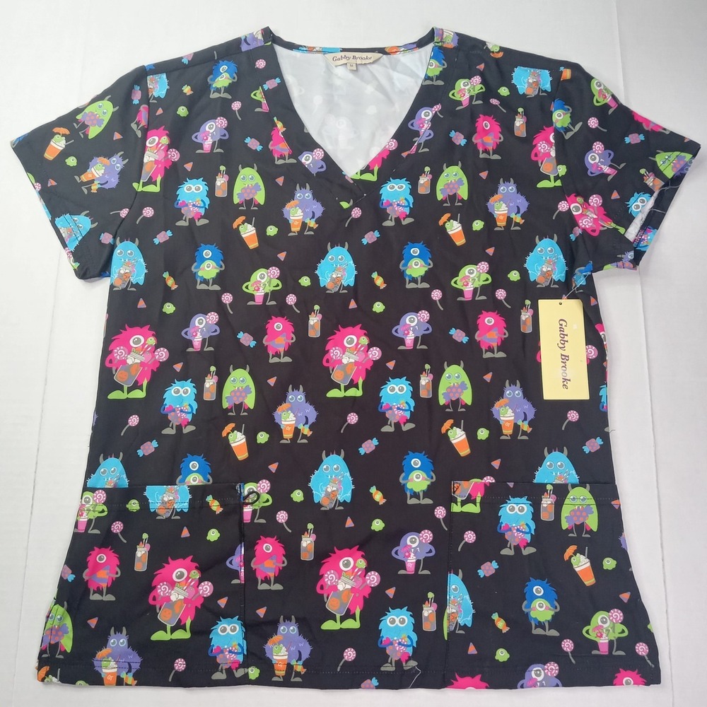 Gabby Brooke VNeck Scrub Top Women's Size M Black Monsters Candy Print NEW‎